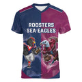 Roosters-Sea Eagles Rugby Custom Women V-Neck T-Shirt Half Grunge Style