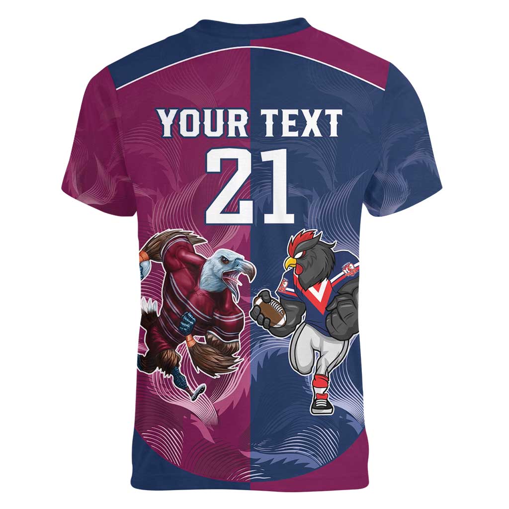 Roosters-Sea Eagles Rugby Custom Women V-Neck T-Shirt Half Grunge Style