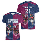 Roosters-Sea Eagles Rugby Custom Women V-Neck T-Shirt Half Grunge Style