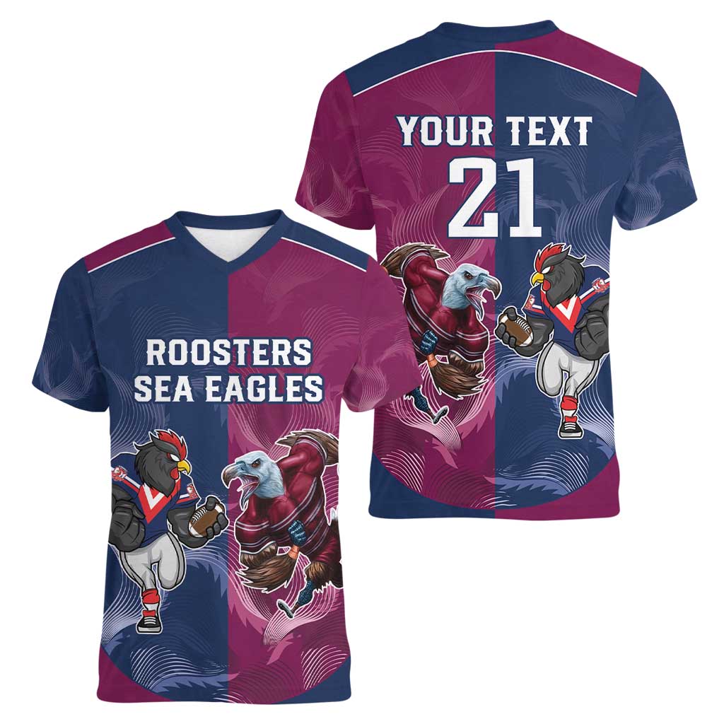 Roosters-Sea Eagles Rugby Custom Women V-Neck T-Shirt Half Grunge Style