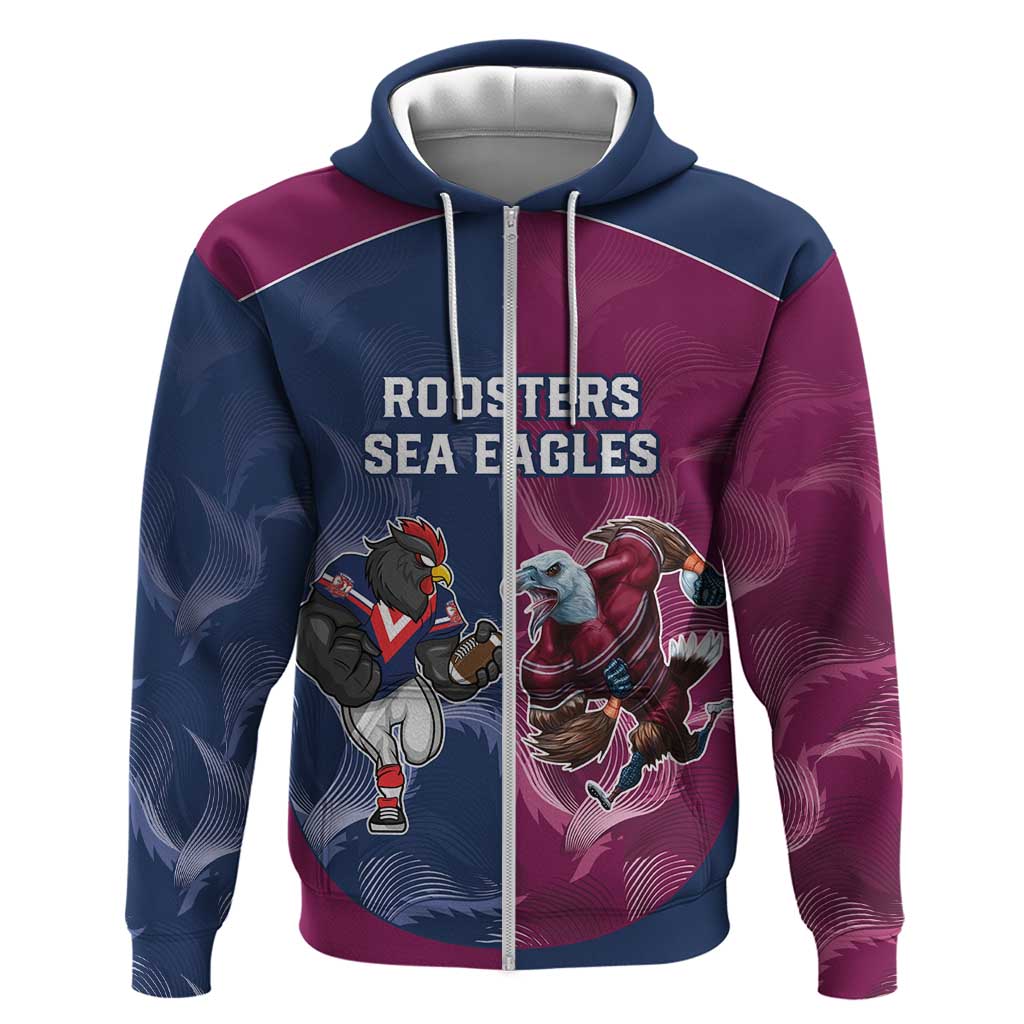 Roosters-Sea Eagles Rugby Custom Zip Hoodie Half Grunge Style