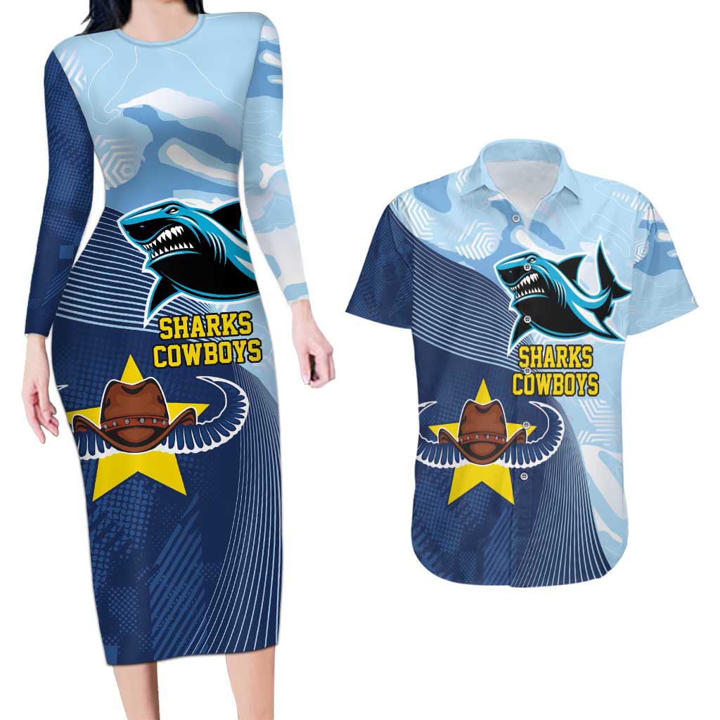 Sharks-Cowboys Rugby Custom Couples Matching Long Sleeve Bodycon Dress and Hawaiian Shirt Half Dynamic Style