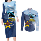 Sharks-Cowboys Rugby Custom Couples Matching Long Sleeve Bodycon Dress and Long Sleeve Button Shirt Half Dynamic Style