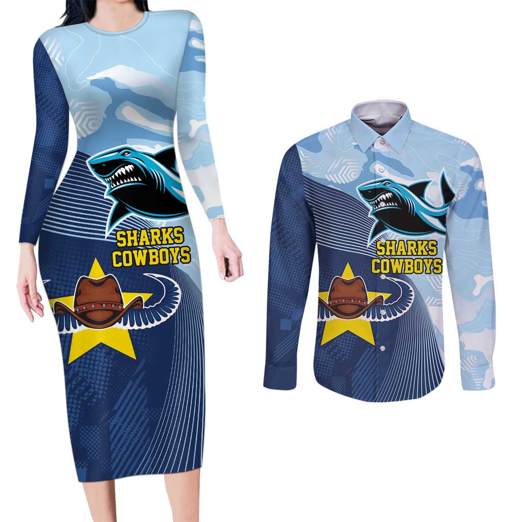 Sharks-Cowboys Rugby Custom Couples Matching Long Sleeve Bodycon Dress and Long Sleeve Button Shirt Half Dynamic Style