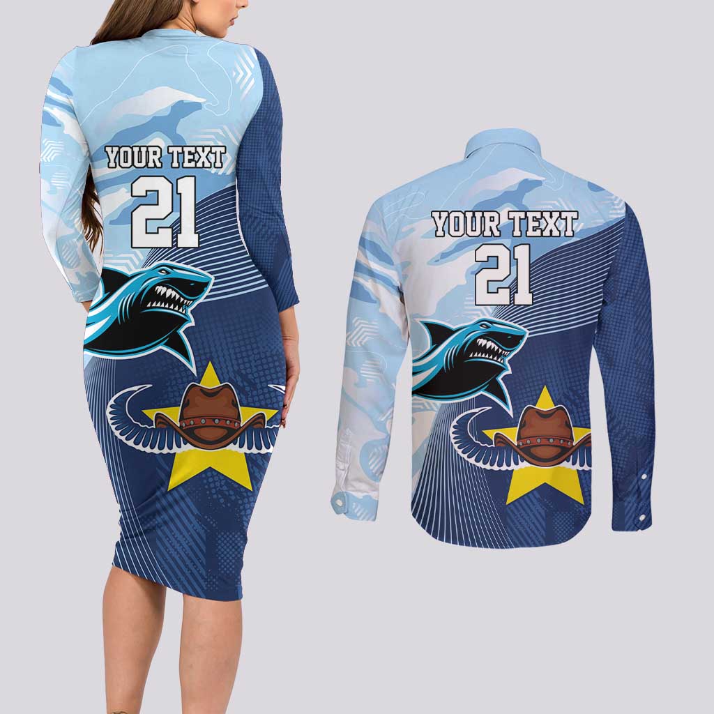 Sharks-Cowboys Rugby Custom Couples Matching Long Sleeve Bodycon Dress and Long Sleeve Button Shirt Half Dynamic Style