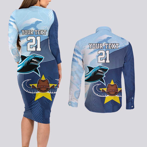 Sharks-Cowboys Rugby Custom Couples Matching Long Sleeve Bodycon Dress and Long Sleeve Button Shirt Half Dynamic Style