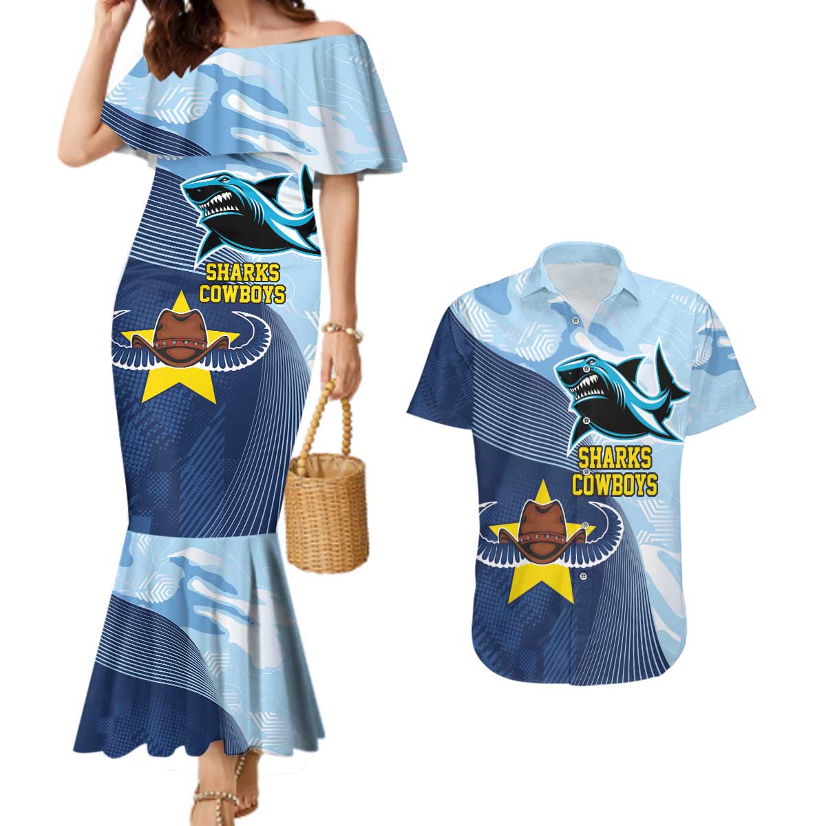 Sharks-Cowboys Rugby Custom Couples Matching Mermaid Dress and Hawaiian Shirt Half Dynamic Style
