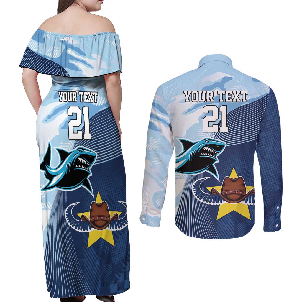 Sharks-Cowboys Rugby Custom Couples Matching Off Shoulder Maxi Dress and Long Sleeve Button Shirt Half Dynamic Style