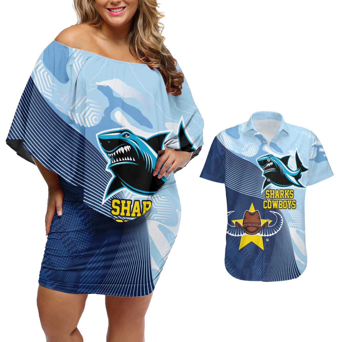 Sharks-Cowboys Rugby Custom Couples Matching Off Shoulder Short Dress and Hawaiian Shirt Half Dynamic Style