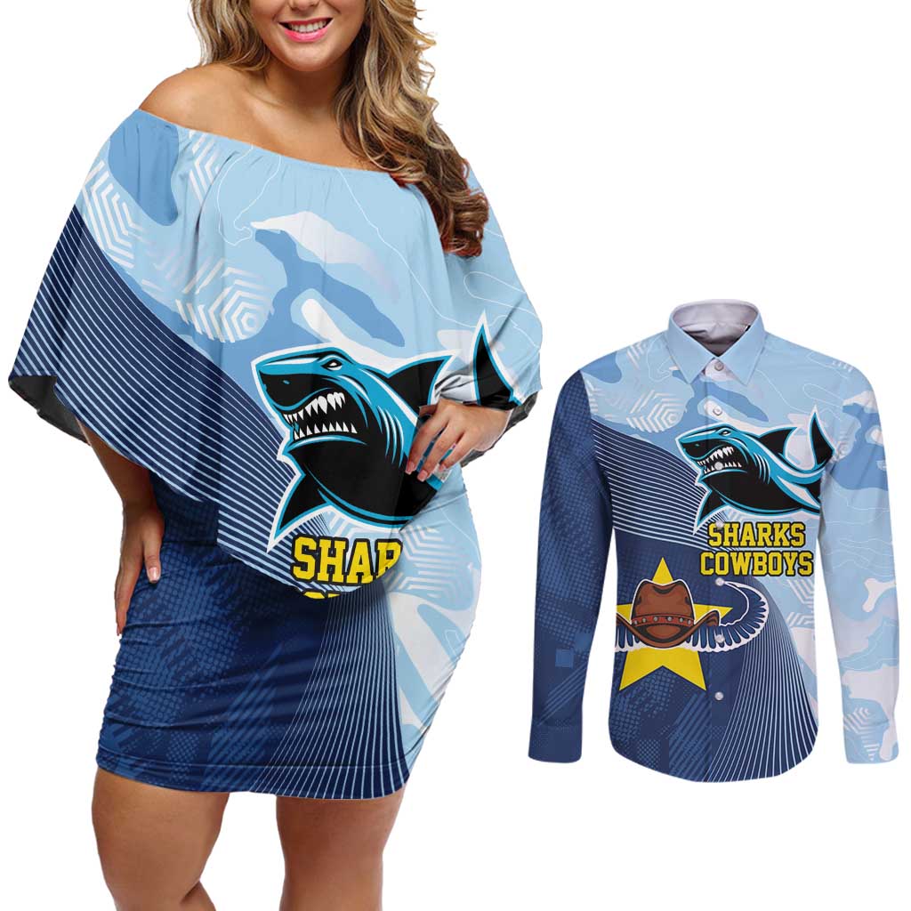 Sharks-Cowboys Rugby Custom Couples Matching Off Shoulder Short Dress and Long Sleeve Button Shirt Half Dynamic Style
