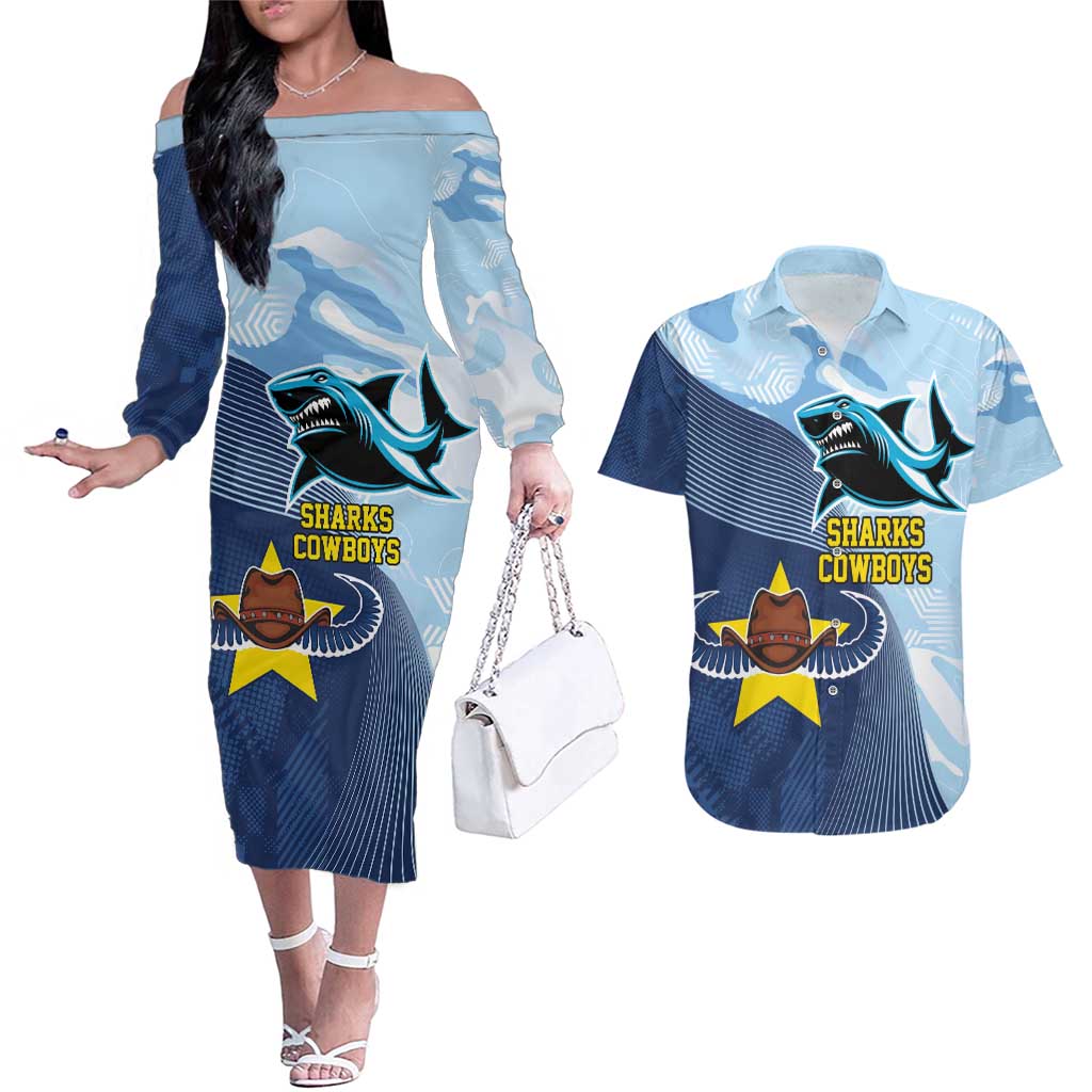 Sharks-Cowboys Rugby Custom Couples Matching Off The Shoulder Long Sleeve Dress and Hawaiian Shirt Half Dynamic Style