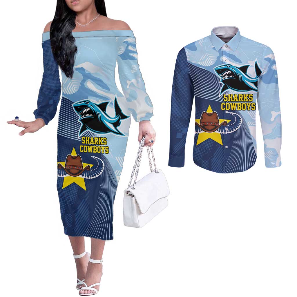 Sharks-Cowboys Rugby Custom Couples Matching Off The Shoulder Long Sleeve Dress and Long Sleeve Button Shirt Half Dynamic Style
