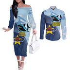 Sharks-Cowboys Rugby Custom Couples Matching Off The Shoulder Long Sleeve Dress and Long Sleeve Button Shirt Half Dynamic Style