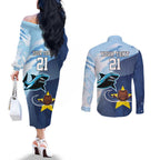 Sharks-Cowboys Rugby Custom Couples Matching Off The Shoulder Long Sleeve Dress and Long Sleeve Button Shirt Half Dynamic Style