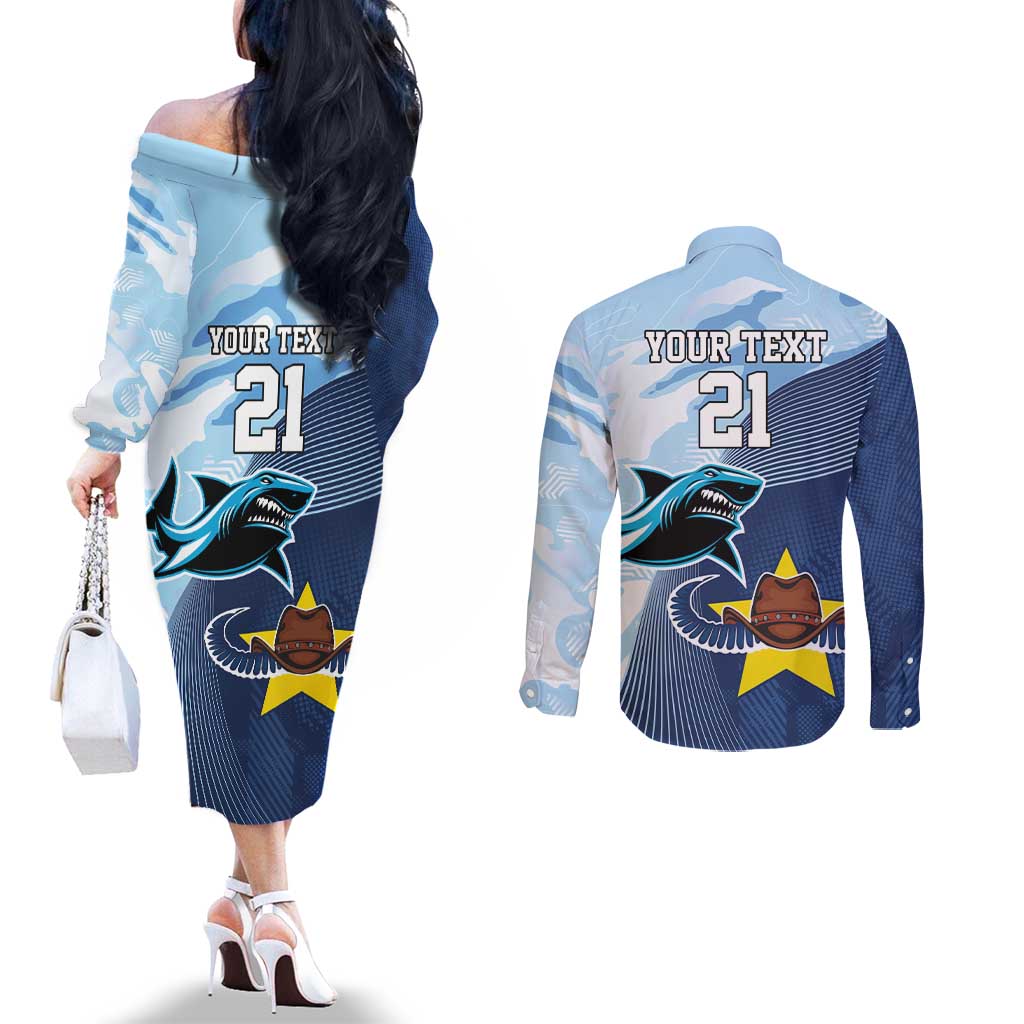 Sharks-Cowboys Rugby Custom Couples Matching Off The Shoulder Long Sleeve Dress and Long Sleeve Button Shirt Half Dynamic Style