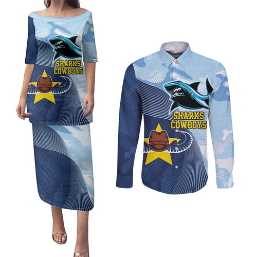 Sharks-Cowboys Rugby Custom Couples Matching Puletasi and Long Sleeve Button Shirt Half Dynamic Style