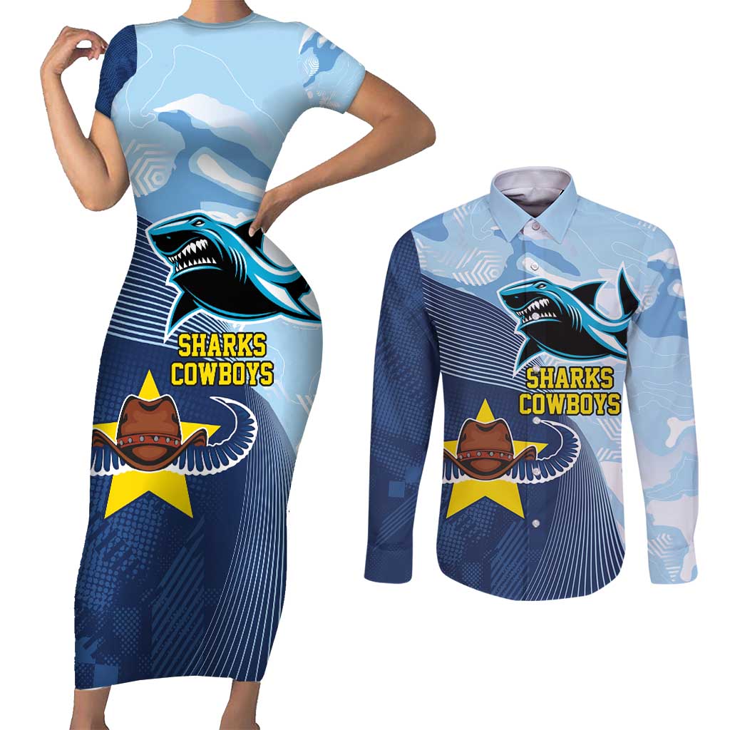 Sharks-Cowboys Rugby Custom Couples Matching Short Sleeve Bodycon Dress and Long Sleeve Button Shirt Half Dynamic Style