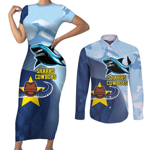 Sharks-Cowboys Rugby Custom Couples Matching Short Sleeve Bodycon Dress and Long Sleeve Button Shirt Half Dynamic Style