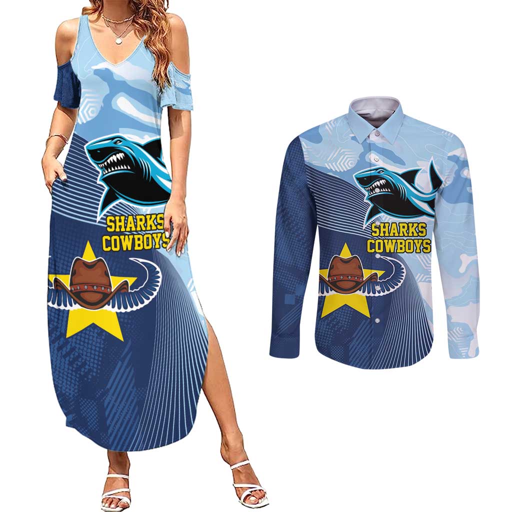 Sharks-Cowboys Rugby Custom Couples Matching Summer Maxi Dress and Long Sleeve Button Shirt Half Dynamic Style