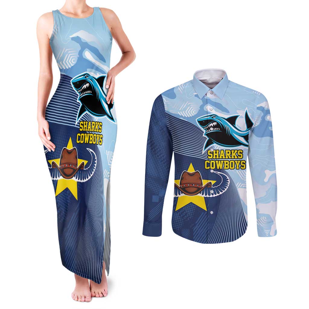Sharks-Cowboys Rugby Custom Couples Matching Tank Maxi Dress and Long Sleeve Button Shirt Half Dynamic Style