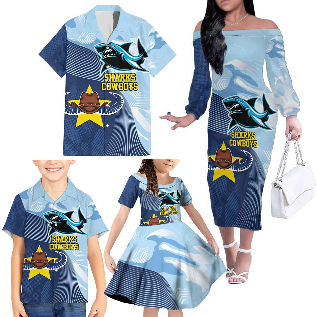 Sharks-Cowboys Rugby Custom Family Matching Off The Shoulder Long Sleeve Dress and Hawaiian Shirt Half Dynamic Style