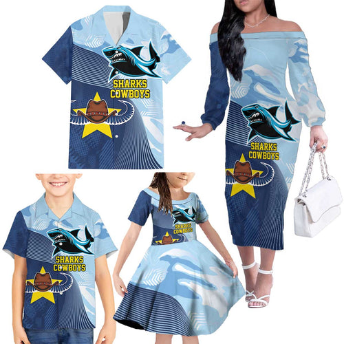 Sharks-Cowboys Rugby Custom Family Matching Off The Shoulder Long Sleeve Dress and Hawaiian Shirt Half Dynamic Style