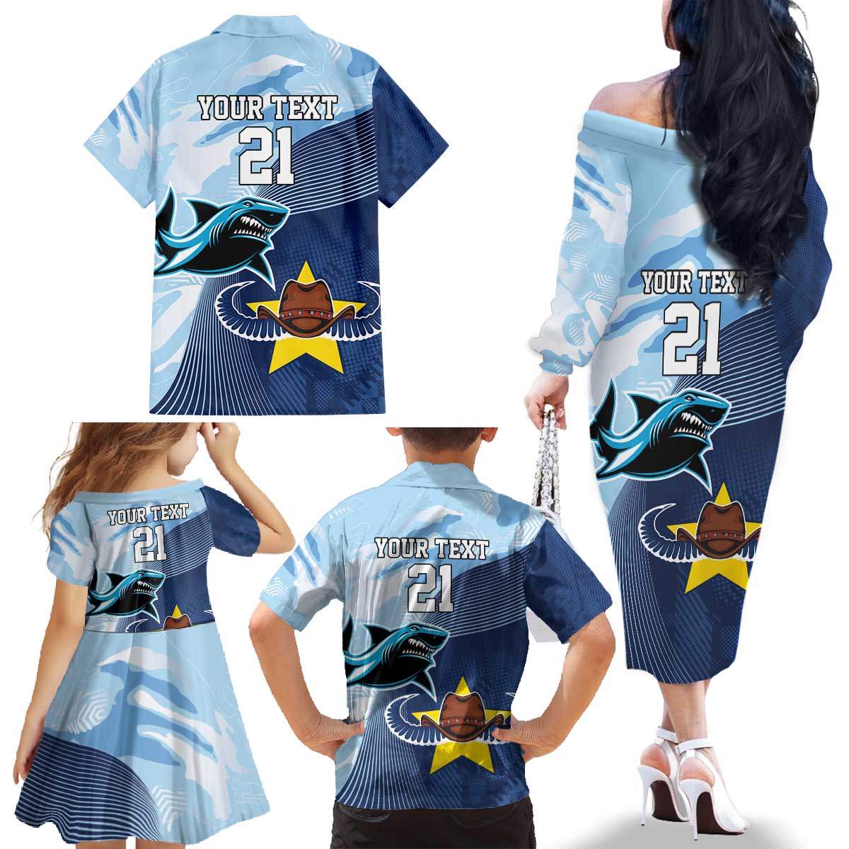 Sharks-Cowboys Rugby Custom Family Matching Off The Shoulder Long Sleeve Dress and Hawaiian Shirt Half Dynamic Style