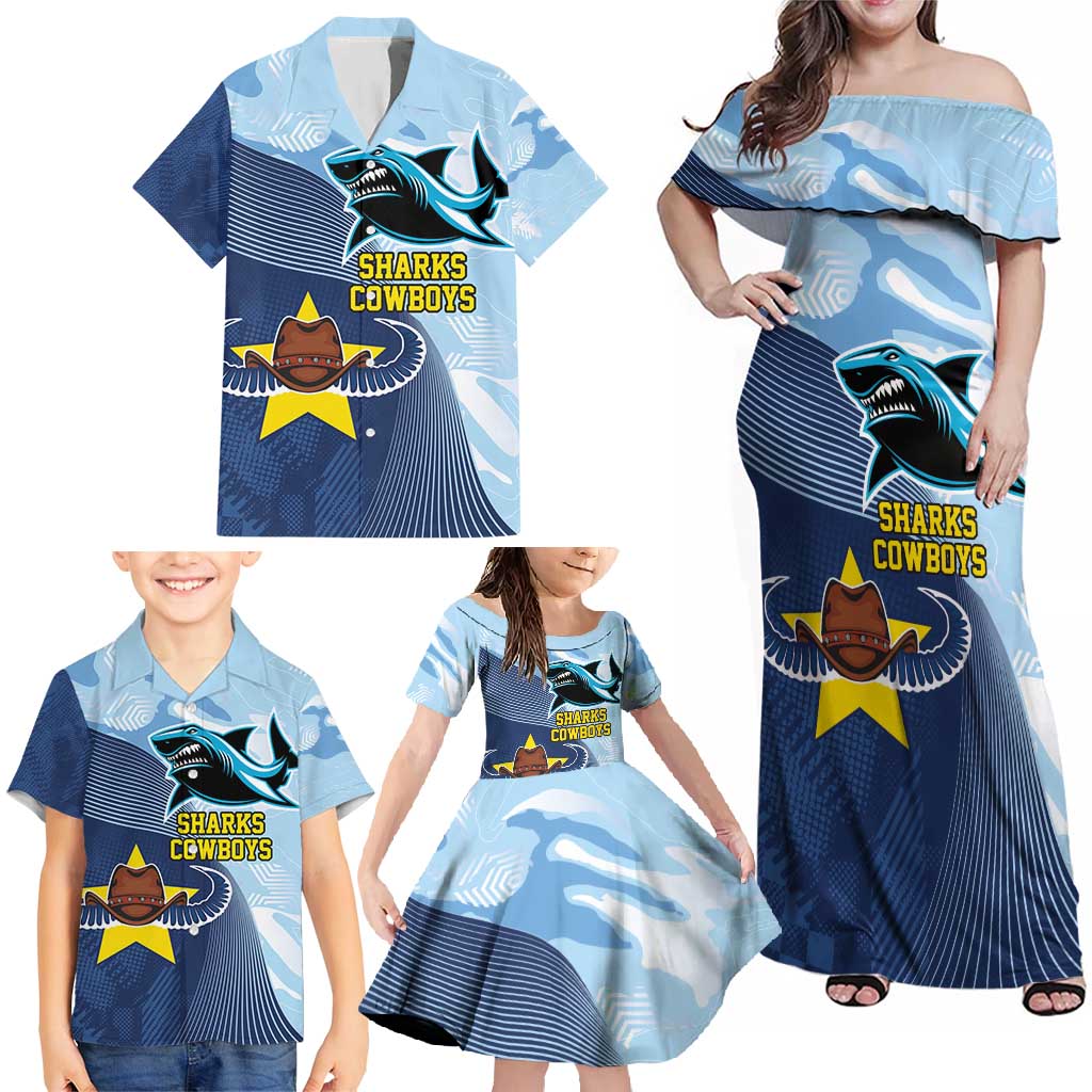 Sharks-Cowboys Rugby Custom Family Matching Off Shoulder Maxi Dress and Hawaiian Shirt Half Dynamic Style