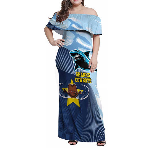 Sharks-Cowboys Rugby Custom Family Matching Off Shoulder Maxi Dress and Hawaiian Shirt Half Dynamic Style