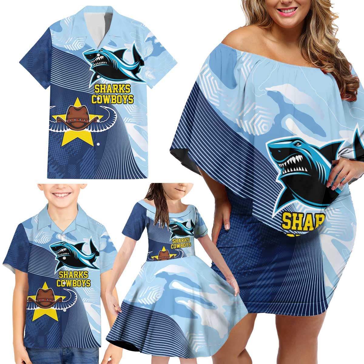 Sharks-Cowboys Rugby Custom Family Matching Off Shoulder Short Dress and Hawaiian Shirt Half Dynamic Style