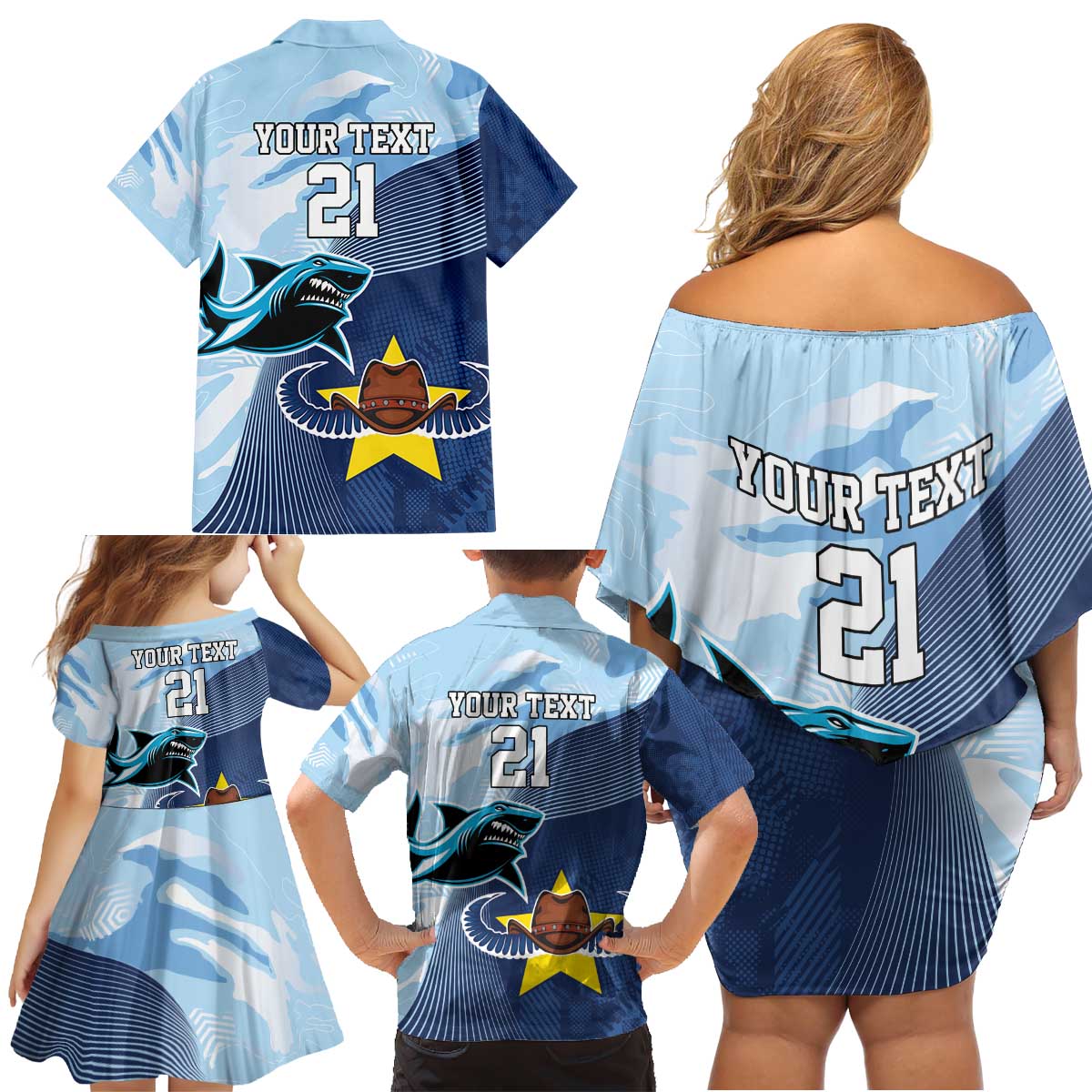 Sharks-Cowboys Rugby Custom Family Matching Off Shoulder Short Dress and Hawaiian Shirt Half Dynamic Style