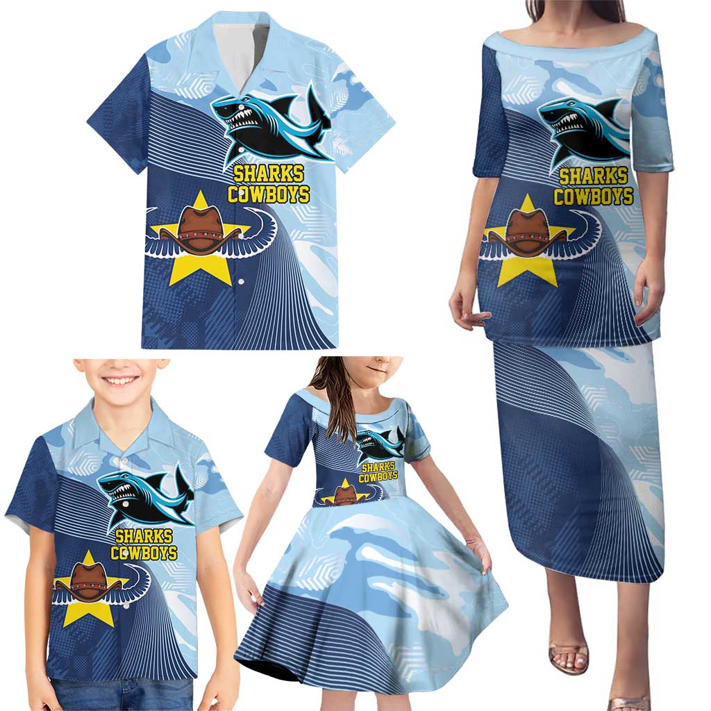 Sharks-Cowboys Rugby Custom Family Matching Puletasi and Hawaiian Shirt Half Dynamic Style