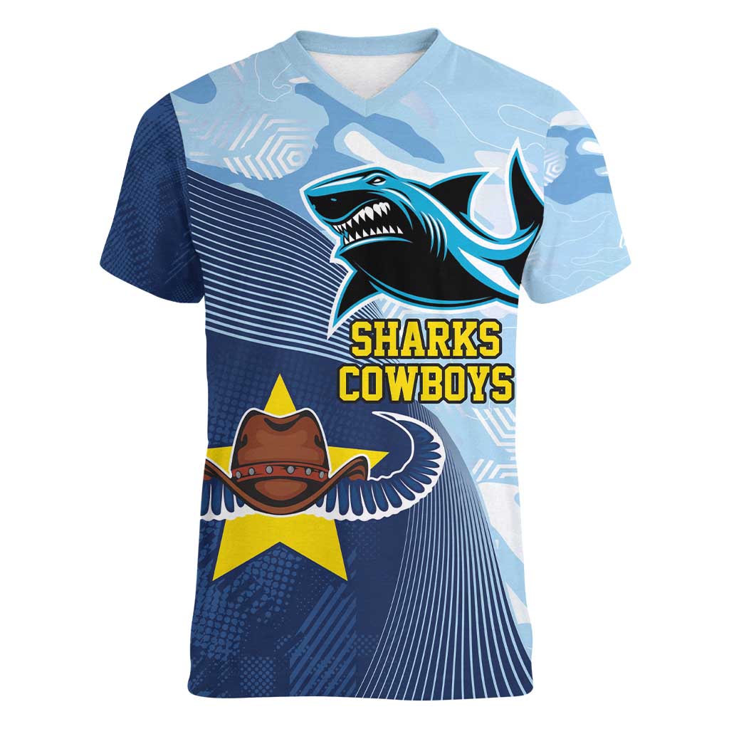 Sharks-Cowboys Rugby Custom Women V-Neck T-Shirt Half Dynamic Style