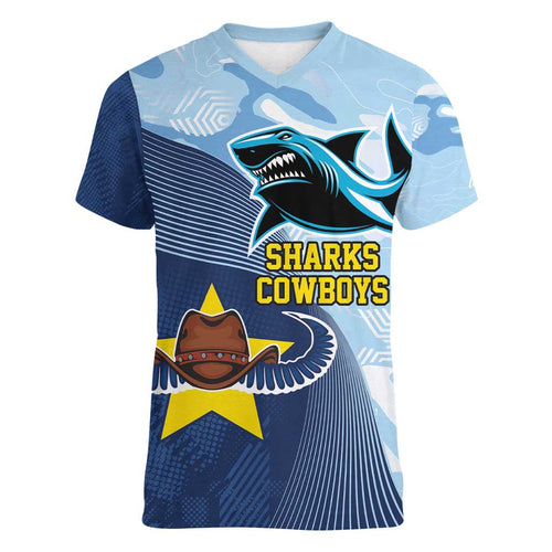 Sharks-Cowboys Rugby Custom Women V-Neck T-Shirt Half Dynamic Style