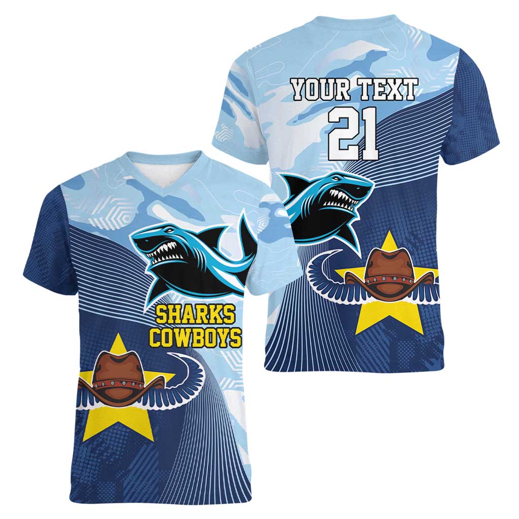 Sharks-Cowboys Rugby Custom Women V-Neck T-Shirt Half Dynamic Style