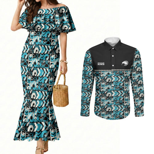Aotearoa New Zealand Kiwis Tima Riki Motu Couples Matching Mermaid Dress and Long Sleeve Button Shirt