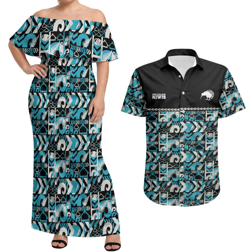 Aotearoa New Zealand Kiwis Tima Riki Motu Couples Matching Off Shoulder Maxi Dress and Hawaiian Shirt