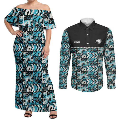 Aotearoa New Zealand Kiwis Tima Riki Motu Couples Matching Off Shoulder Maxi Dress and Long Sleeve Button Shirt