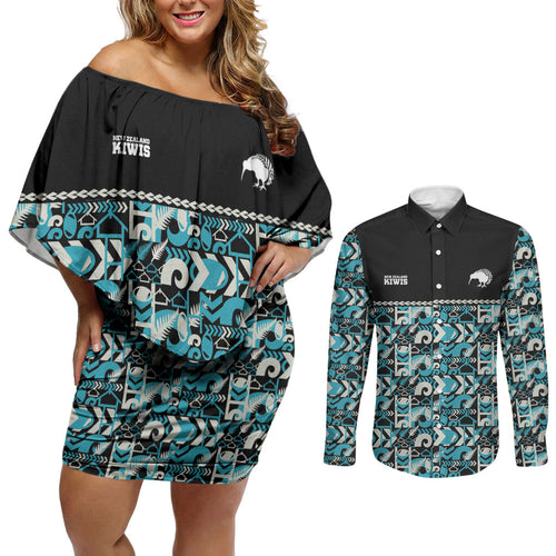 Aotearoa New Zealand Kiwis Tima Riki Motu Couples Matching Off Shoulder Short Dress and Long Sleeve Button Shirt