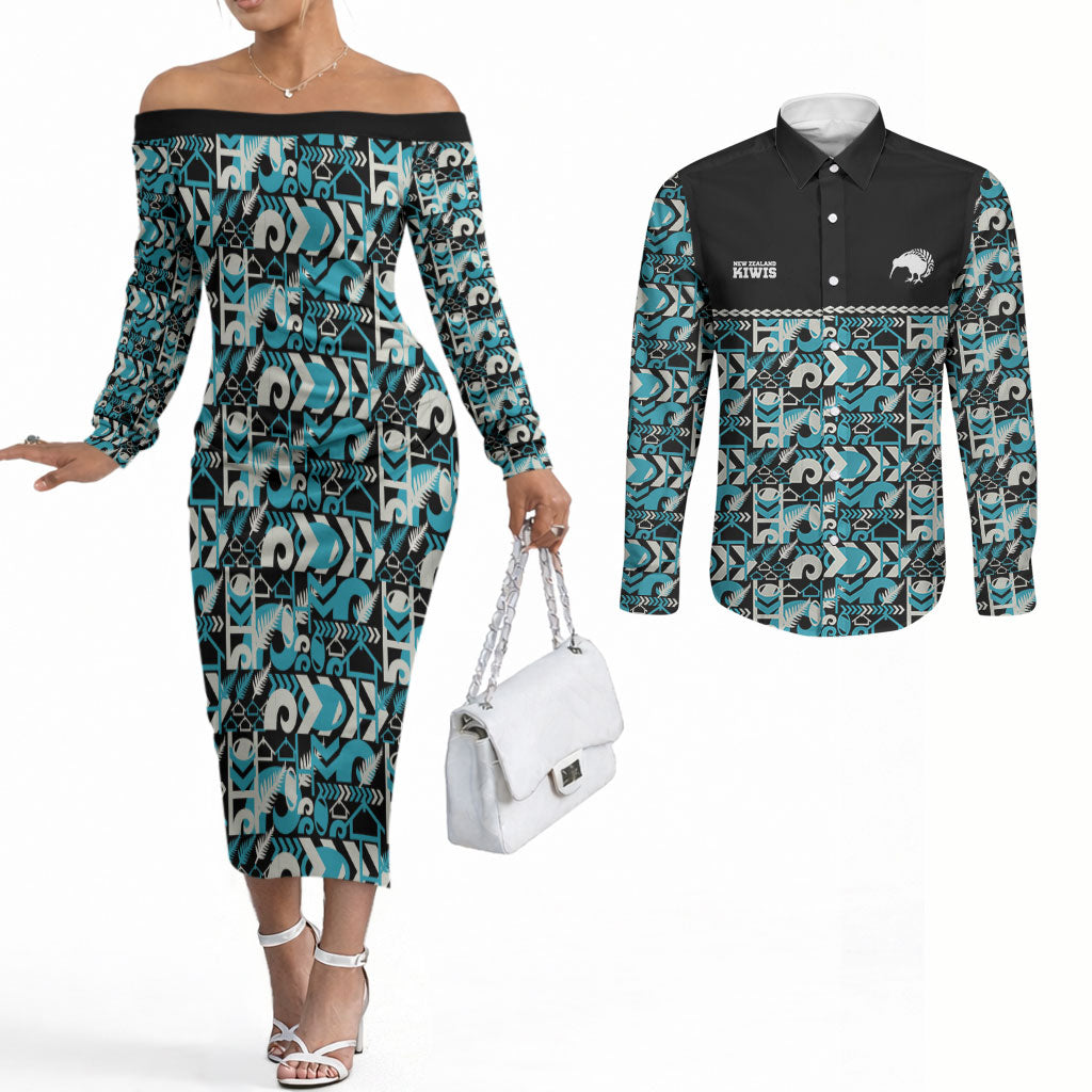 Aotearoa New Zealand Kiwis Tima Riki Motu Couples Matching Off The Shoulder Long Sleeve Dress and Long Sleeve Button Shirt