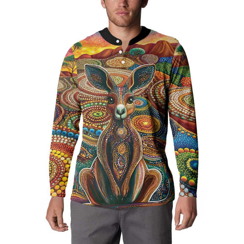 Australian Aboriginal Art Kangaroo Button Sweatshirt Looking Forward Looking Blak Aboriginal Dot Painting