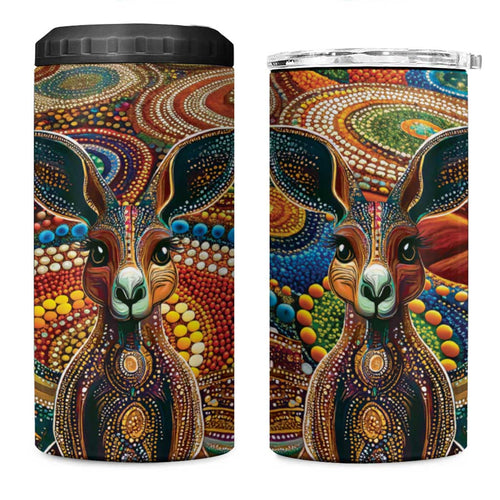 Australian Aboriginal Art Kangaroo 4 in 1 Can Cooler Tumbler Looking Forward Looking Blak Aboriginal Dot Painting