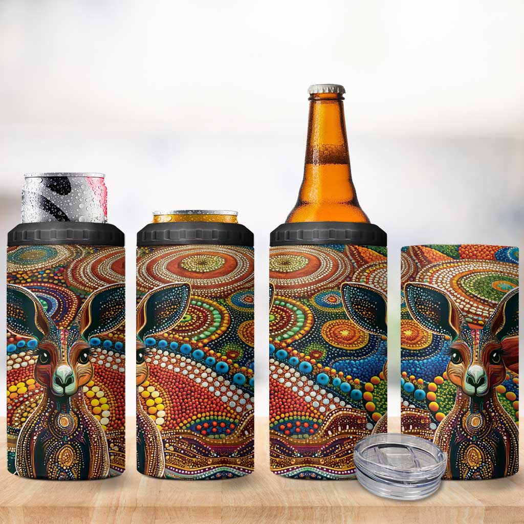 Australian Aboriginal Art Kangaroo 4 in 1 Can Cooler Tumbler Looking Forward Looking Blak Aboriginal Dot Painting