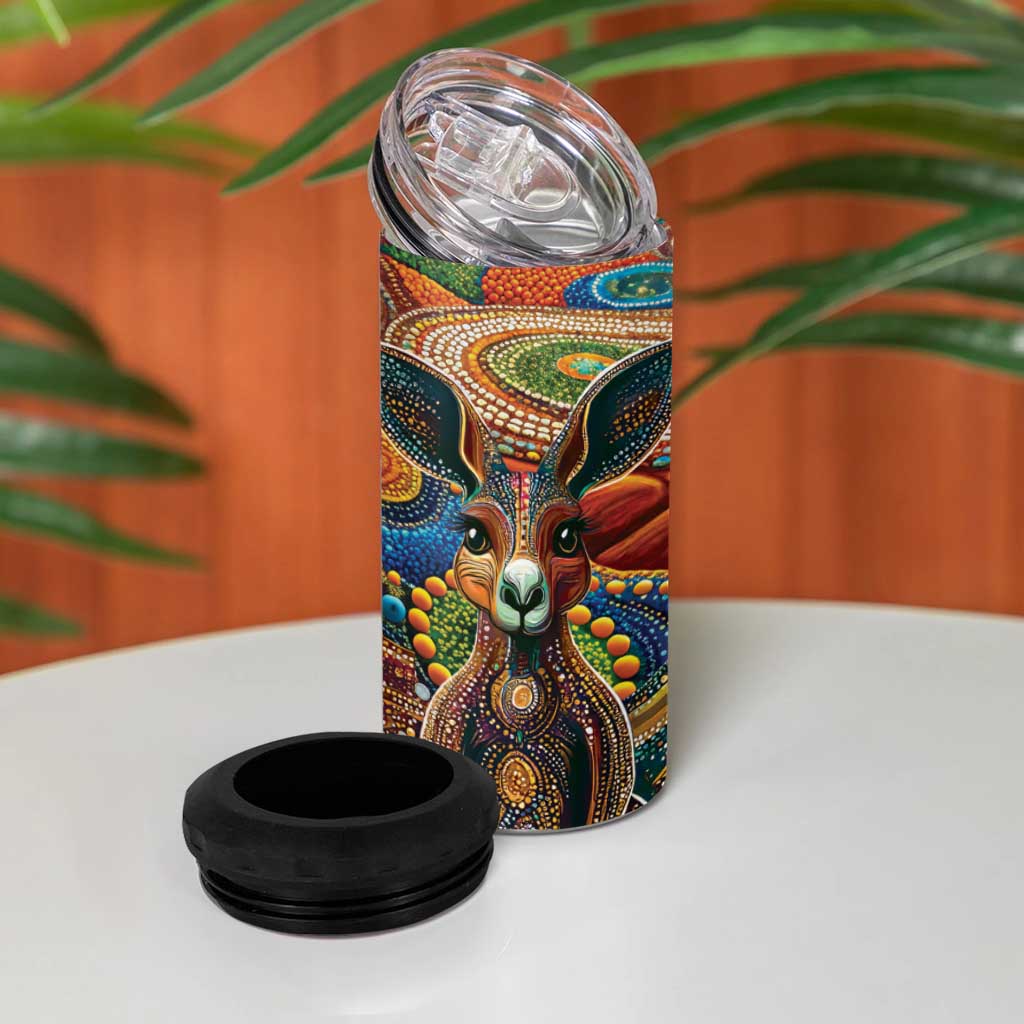 Australian Aboriginal Art Kangaroo 4 in 1 Can Cooler Tumbler Looking Forward Looking Blak Aboriginal Dot Painting