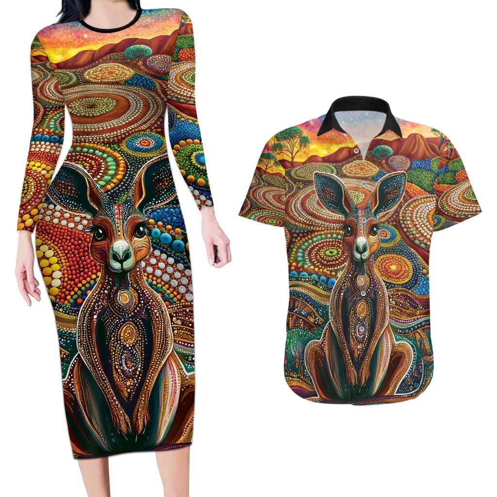 Australian Aboriginal Art Kangaroo Couples Matching Long Sleeve Bodycon Dress and Hawaiian Shirt Looking Forward Looking Blak Aboriginal Dot Painting