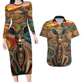 Australian Aboriginal Art Kangaroo Couples Matching Long Sleeve Bodycon Dress and Hawaiian Shirt Looking Forward Looking Blak Aboriginal Dot Painting