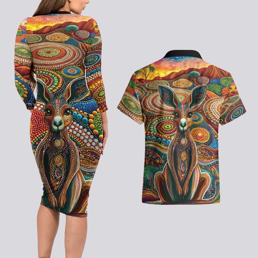 Australian Aboriginal Art Kangaroo Couples Matching Long Sleeve Bodycon Dress and Hawaiian Shirt Looking Forward Looking Blak Aboriginal Dot Painting