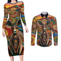 Australian Aboriginal Art Kangaroo Couples Matching Long Sleeve Bodycon Dress and Long Sleeve Button Shirt Looking Forward Looking Blak Aboriginal Dot Painting