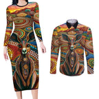 Australian Aboriginal Art Kangaroo Couples Matching Long Sleeve Bodycon Dress and Long Sleeve Button Shirt Looking Forward Looking Blak Aboriginal Dot Painting