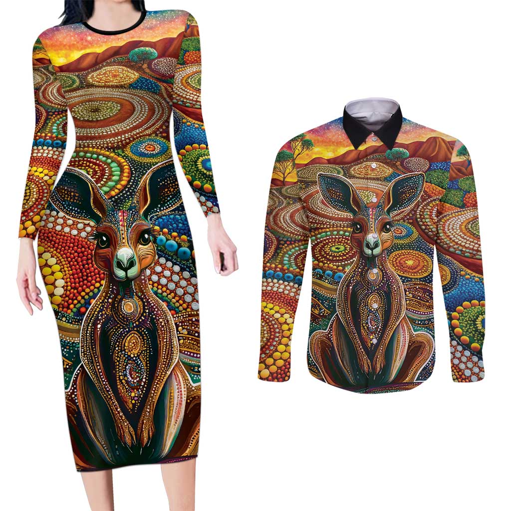 Australian Aboriginal Art Kangaroo Couples Matching Long Sleeve Bodycon Dress and Long Sleeve Button Shirt Looking Forward Looking Blak Aboriginal Dot Painting